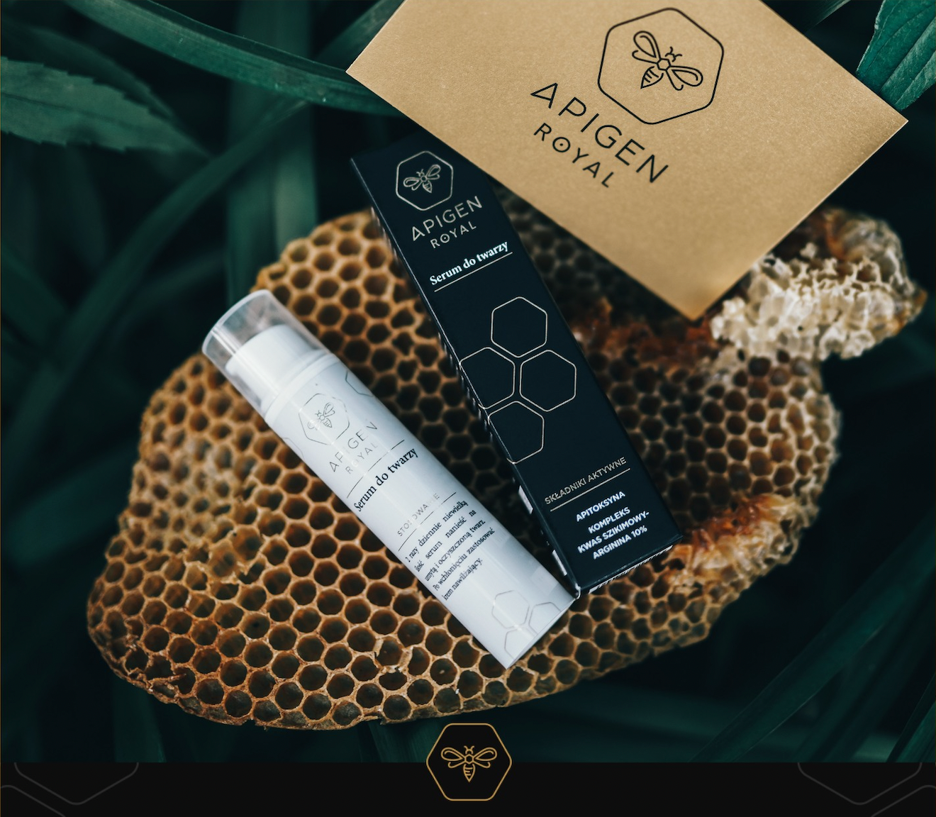 Bee Venom Serum bottle elegantly positioned within a golden honeycomb structure, set against a soft, natural, and slightly blurred background, conveying a sense of organic luxury and the serum's natural origin.
