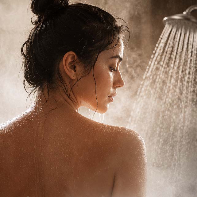 Steam rising from a hot shower against a tiled wall