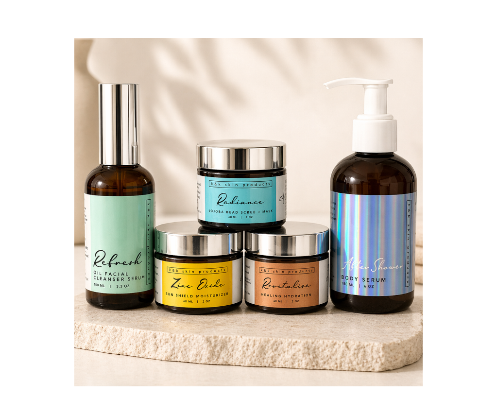 Collection of skincare products on a stone surface with a natural background