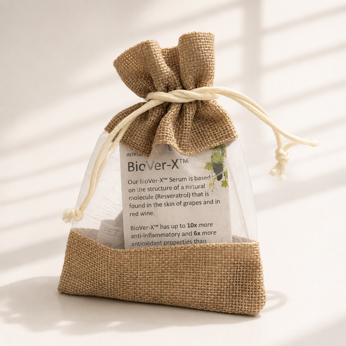 BioVer-X Enhanced Antioxidant Serum Trial Size, travel size in a burlap bag