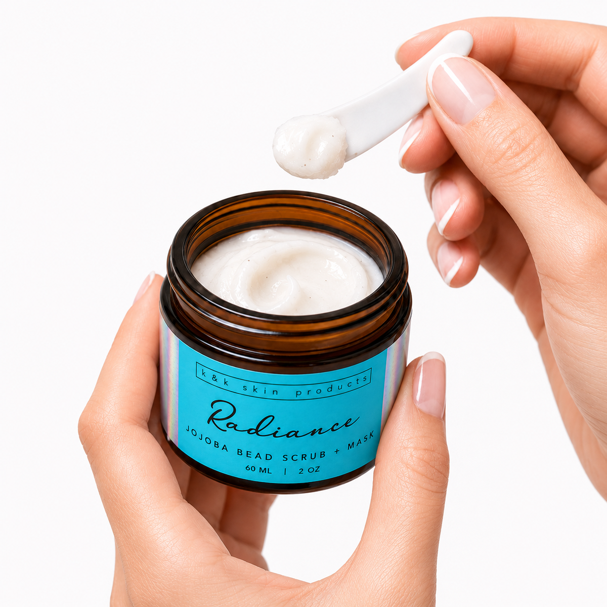 Radiance Jojoba Bead Scrub & Mask being applied to skin