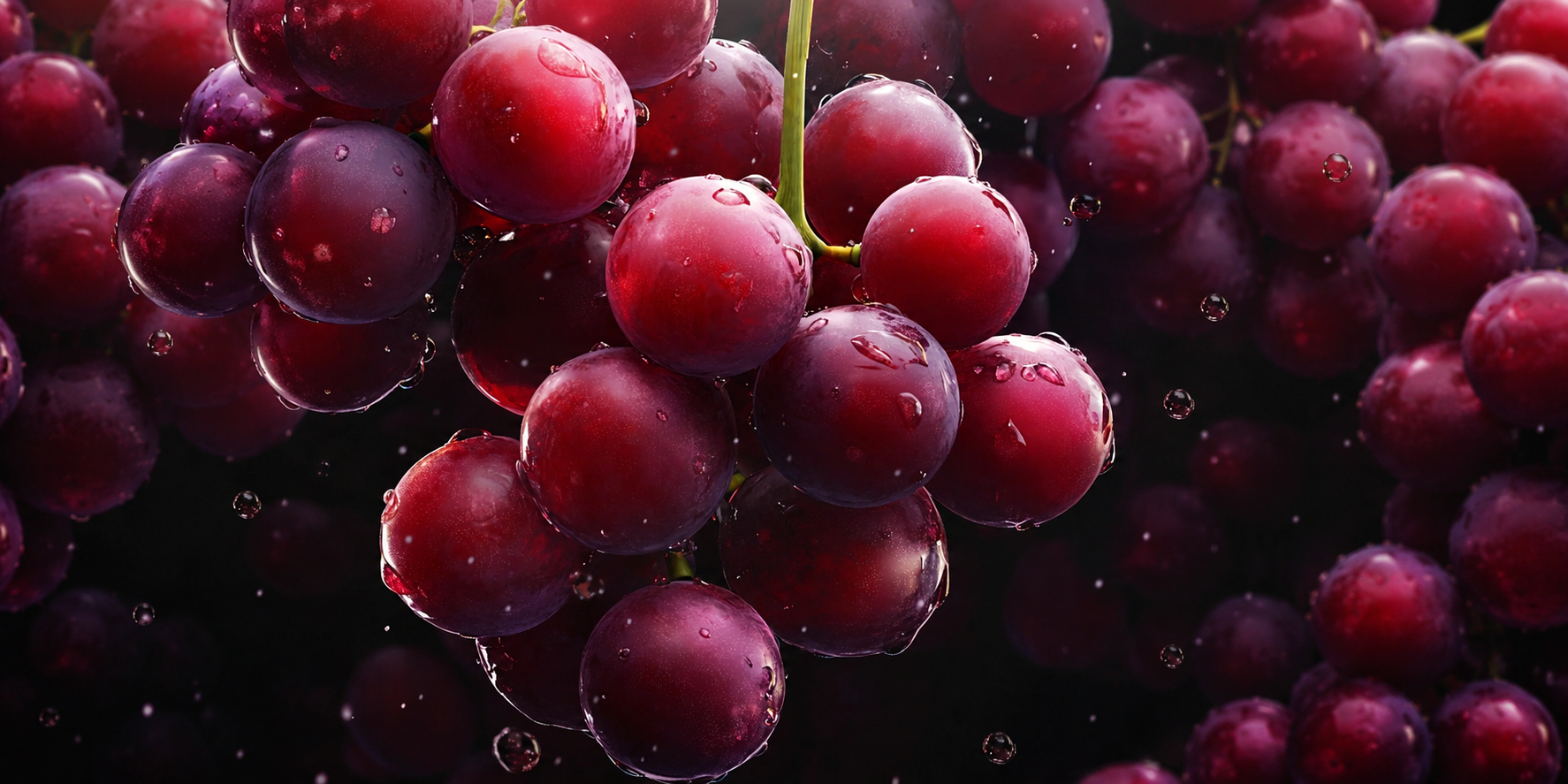 Close-up of red grapes with water droplets on a dark background